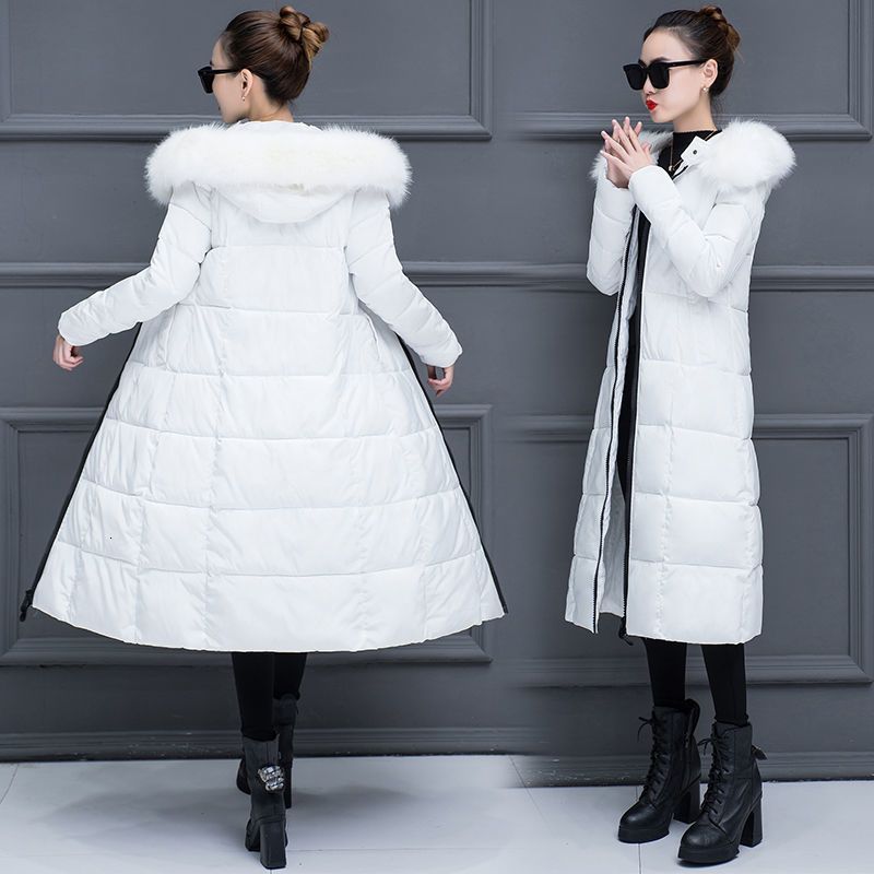 2025 Korean Style Cotton Jacket for Women Winter Long OvertheKnee Thick Slim Fit Large Fur Collar Warm Down Cotton Jacket 210923