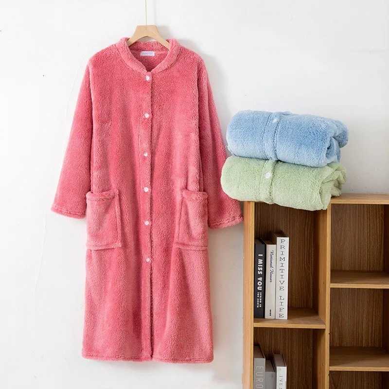 Autumn Winter Women Warm Fleece Robe Ladies Soft Bathrobe Female Long Sleeve Dressing Gown Solid Robes Simple Home Clothes C251216