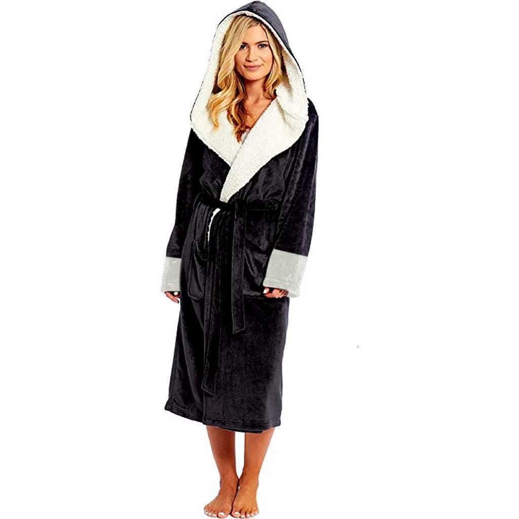Thick Women Warm Bathrobe Robe Solid Hooded Ladies Dressing Gown Long Sleeve Soft Fluffy Cosy Flannel Bath Robes For Female C251216