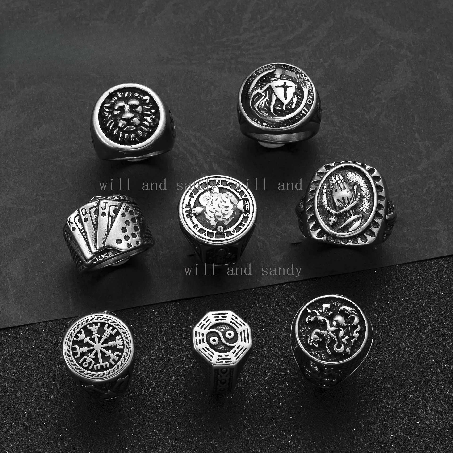 Retro Stainless Steel Signet Ring Statement Rings for Man Christianity Religious Amulet Rings Card Poker Lion Gothic Midi Ring Pinky Rings Fashion Jewelry