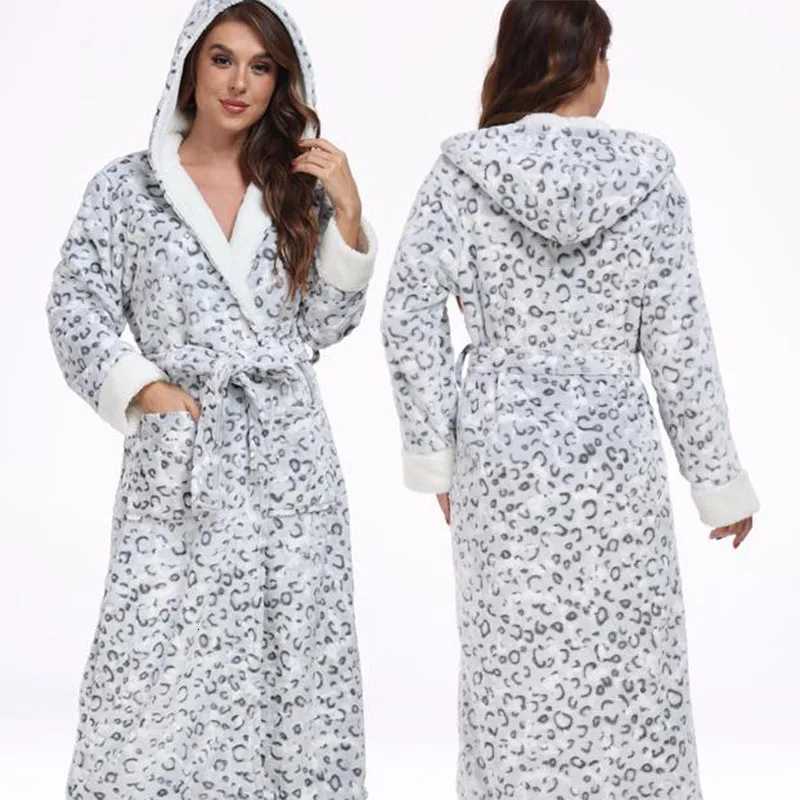 Thicken Flannel Hooded Long Robe Kimono Bathrobe Gown Autumn Winter Women Sleepwear Home Dress Sexy Leopard Negligee Loungewear C251216