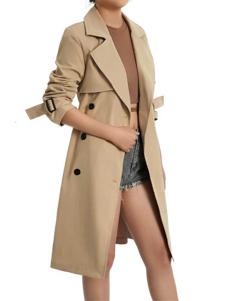 Women Fashion Long Trench Coats Solid Color Double-breasted Belted Windbreaker Fall Jackets OuterwearT251216