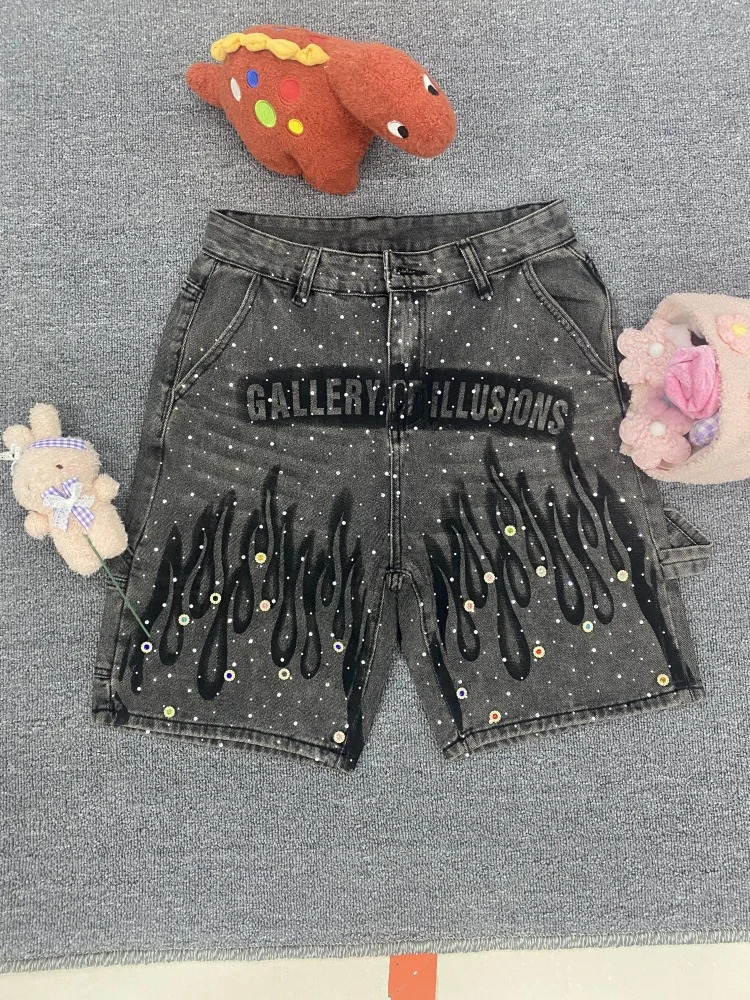 Y2K retro casual jeans flame pattern rhinestone decoration high waist denim shorts fashion mens hip-hop street clothing 251215