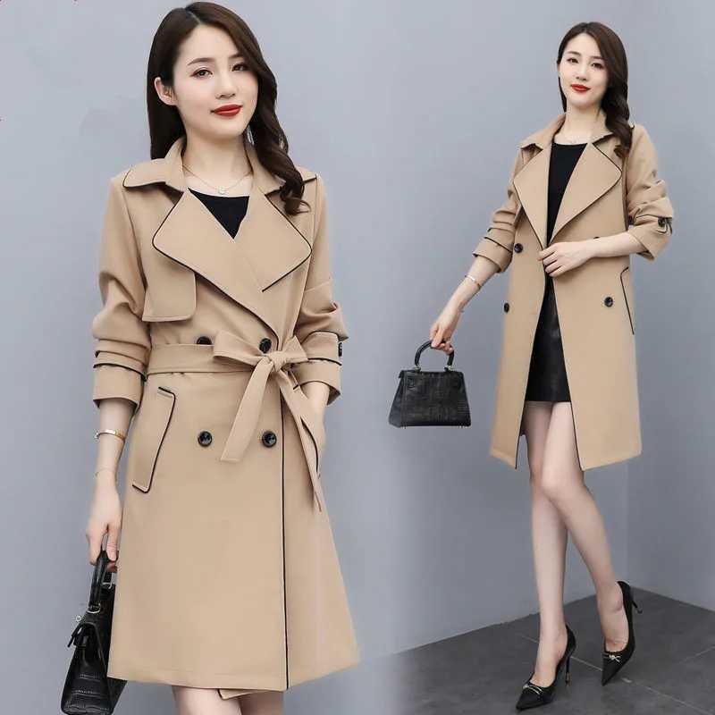 Spring Autumn Elegant Women Double Breasted Solid Trench Coat With Belt Korean Long Casaco Feminino Ladies Windbreaker LinedT251216