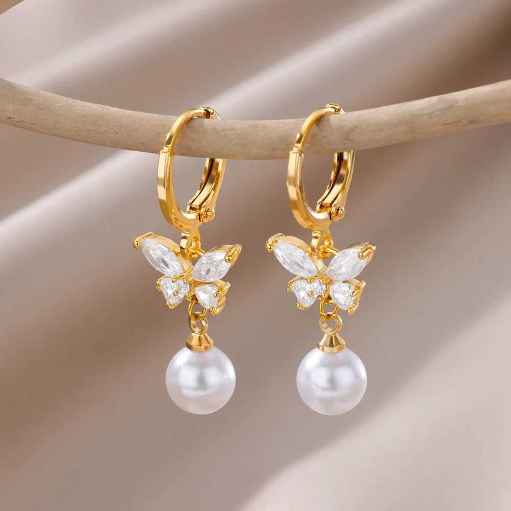 Butterfly Zircon Stainless Steel Pearl Earrings For Women Gold Plated Piercing Earring Aesthetic Luxury Jewelry Gift 2023 New G251216