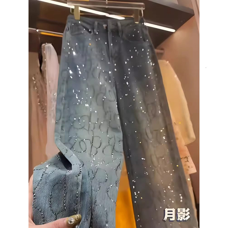 Designer Luxury Rhinestone Jeans For Women 2026 Spring Summer New Design High Waist Heavy Craft Shiny Loose Straight Wide Leg Floor-length Pants