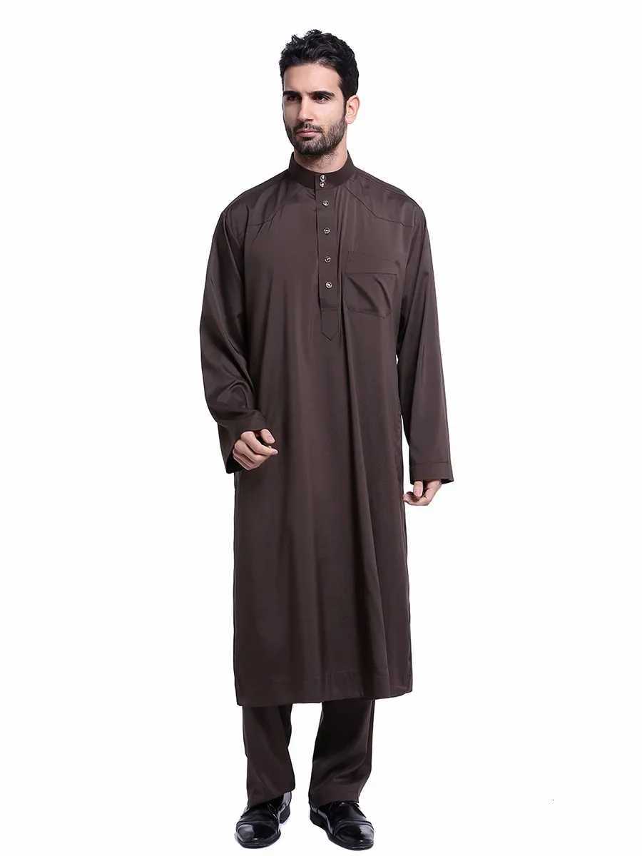 Dubai Arab Islam Muslim Men Jubba Thobe Clothing Sets Long Robe 2 Piece Set Tops and Pants Saudi Musulman Ensembles Wear Sets W251216