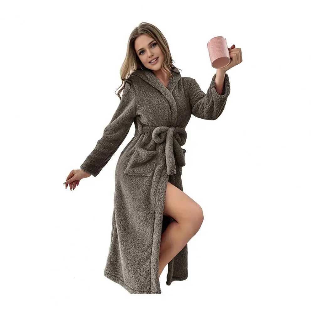 Warm Bathrobe Women Loose Fit Bathrobe Womens Plush Long Robe with Belt Fuzzy Soft Hooded Bathrobe Fluffy Thick Warm Sleepwear C251216