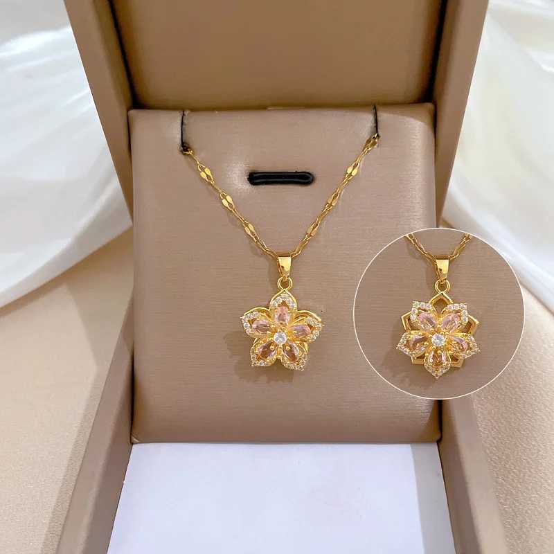 Creative Rotatable Pink Flower Necklace For Women Titanium Steel Rotatable Spinner Clavicle Choker Anti Stress Anxiety Jewelry M251216