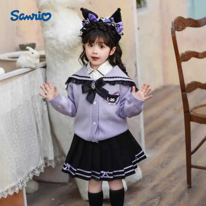 Sanrio Girl Dress Kuromi Kawaii Anime Fashion Autumn Student Long Sleeves Sweater Shirt Pleated Skirt Childrens clothing new H251216