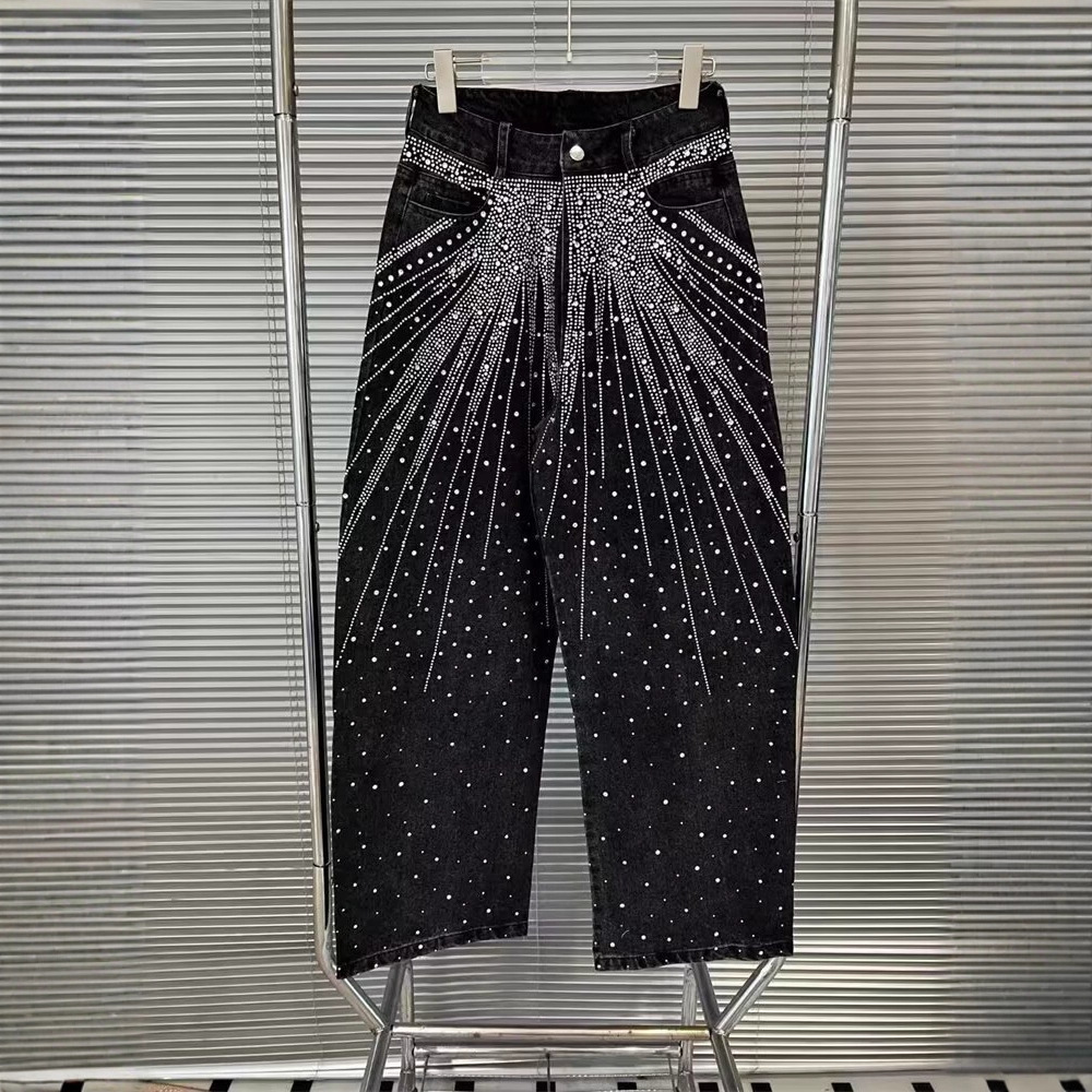 Streetwear Rhinestone Sequins Vintage Jeans Men Women Clothing Hip Hop Pockets Straight Vintage Loose Jeans Low Waist Trousers 250409