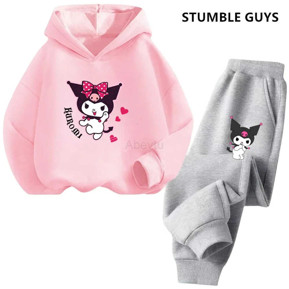 Sanrio Kawaii Kuromi Children Hooded SweatshirtPants Two-piece Set BoyGirl Autumn Winter Daily Outdoor Vacation Casual Warm Sportswear H251216