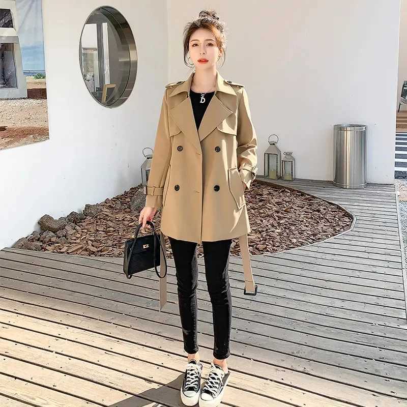 Khaki Hepburn Style Short Windbreaker For Women 2024 Spring And Autumn Trench Coat With Belt high-end Fashion Lace-UP JacketT251216