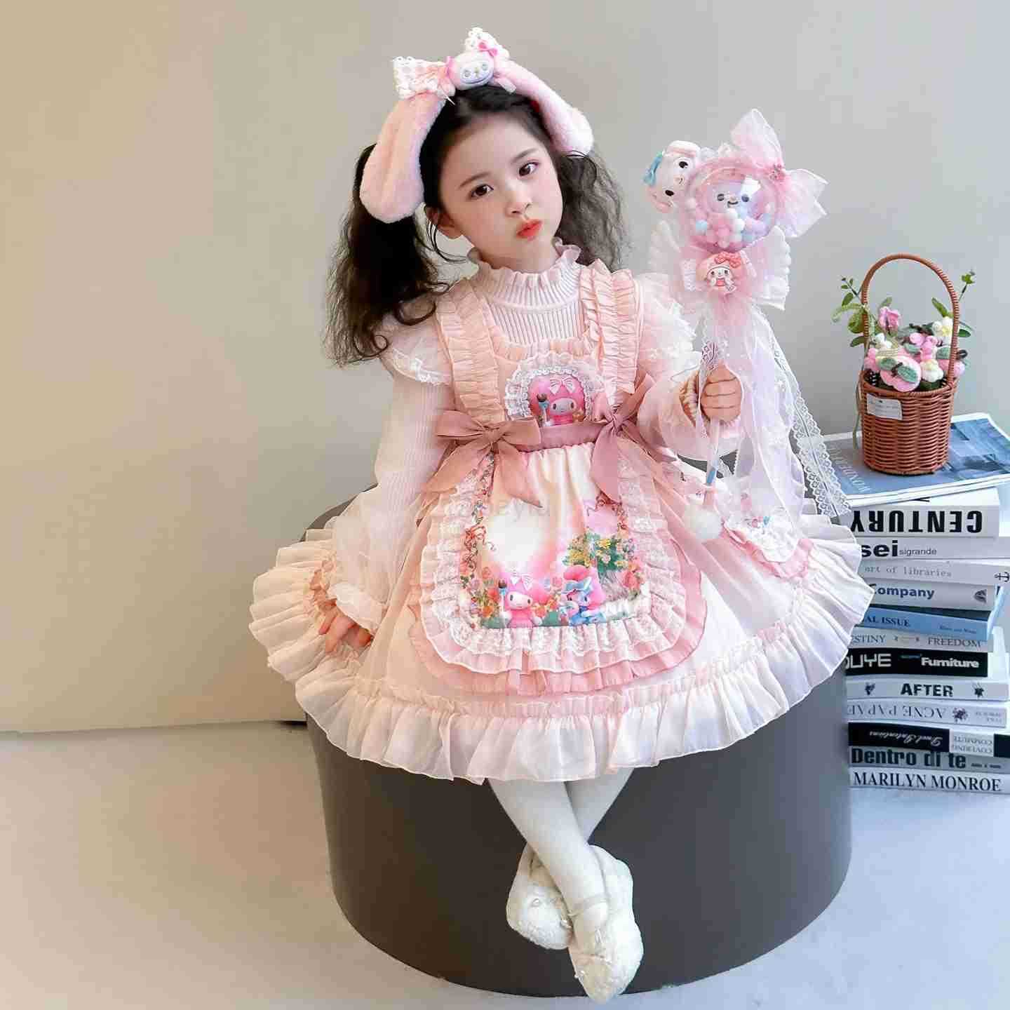 Sanrio Anime My Melody Girls Lolita Princess Dress Bow Decoration Party Dress Ruffled Tutu Skirt Layered Dress Ball Gown Festival Gift H251216