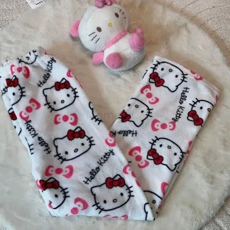 Sanrio New Hello Kitty cartoon flannel mid-waist pajama pants loose pajamas cute print casual warm home comfort kawaii gift H251216