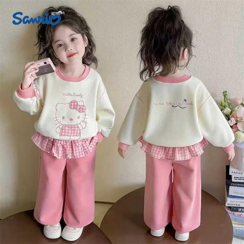 Sanrio Girl Clothes Set Autumn Kid Sweatshirts Pullover Hello Kitty Lace Trimmings TopPants 2pcs Suit Children Cute Tracksuits Outfit H251216