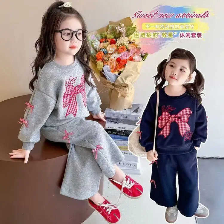 Sanrio 2025 Children Cotton Lace Bow Long Sleeve Sweatshirt Suit Girls Casual Sport Loose Tracksuit Outfits Kids Spring Autumn Clothes H251216