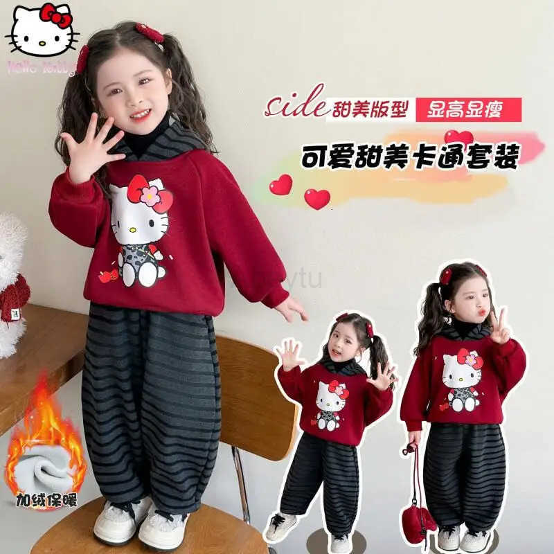 Sanrio Girls Thickened Kawaii Sweatshirt Pants Suit Cartoon Autumn Winter New Anime Warm Hooded T Shirt Striped Pant Two Piece Set Tops H251216