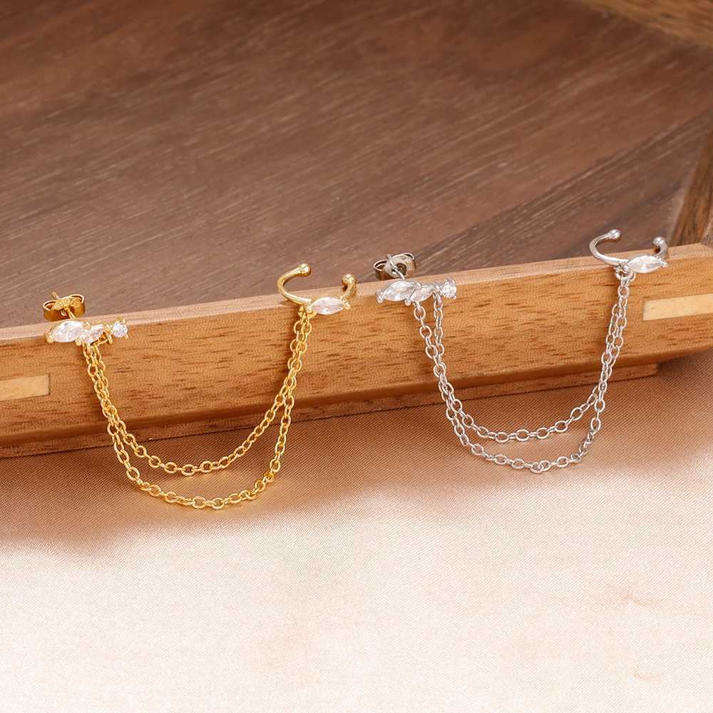 1PC Stainless Steel Chain Tassel Zircon Drop Earrings For Women 14K Gold Plated Geometric Ear Clip Earrings Wedding Jewelry G251216