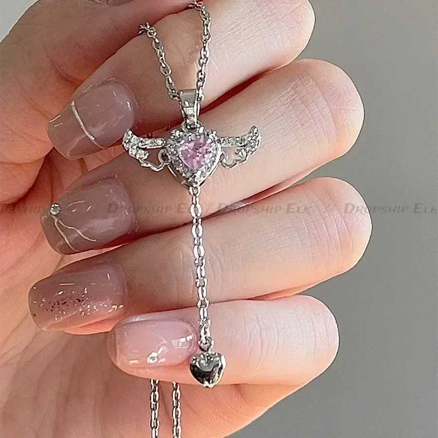 925 Sterling Silver Heart Angel Wings Pendant Choker Necklaces For Women Aesthetic Jewelry AccESSories Money M251216
