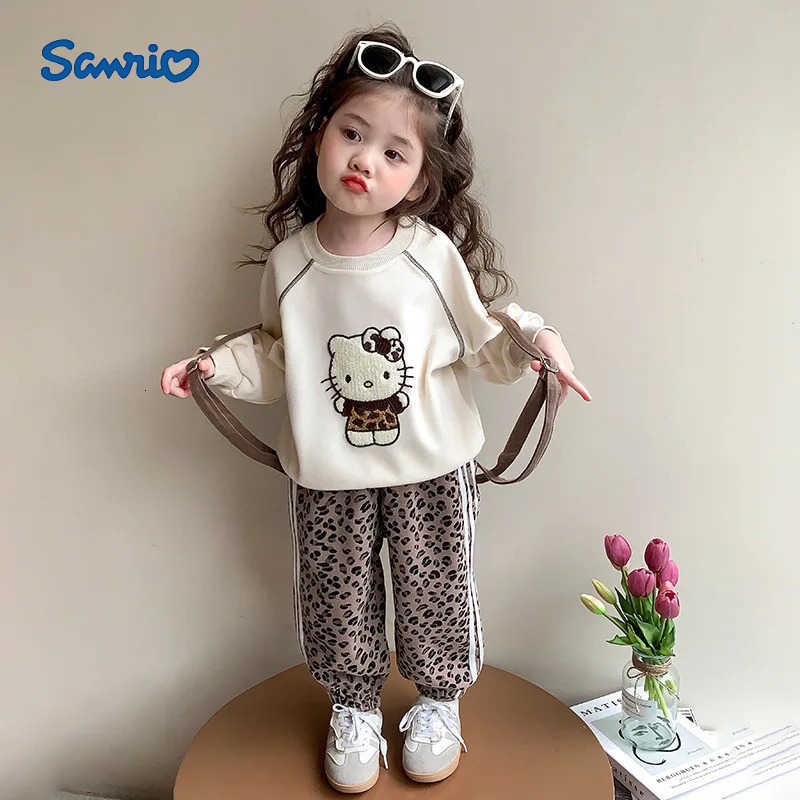 Sanrio Hello Kitty Girls Spring/autumn Set New Trendy Stylish Towel Embroidery Leopard Print Baby Cute Spring Sports Sweatshirt H251216