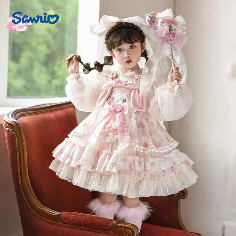 Sanrio My Melody Anime Girl Lolita Princess Dress with Lace Fluffy Skirt Bow Decoration Layered Festival Party Ball Gown for Kids H251216