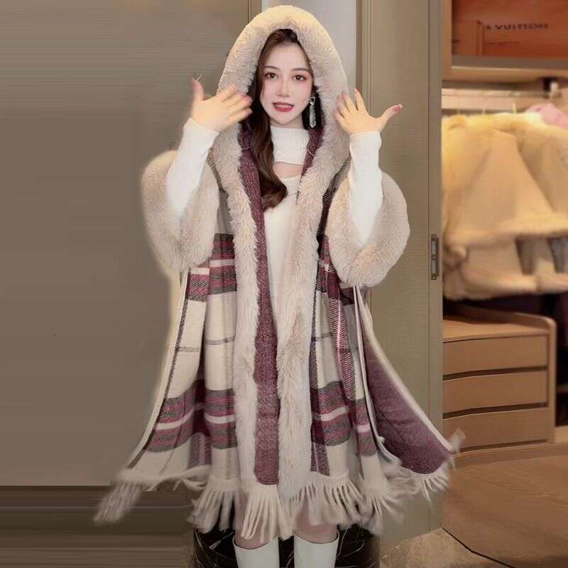 Hooded Shawl Coat For Women, Faux Rabbit Fur Capes Coats Women Plaid Poncho Jackets Tassel Hooded Batwing Sleeves Open Stitch Loose Casual 2025 Autumn - view 4