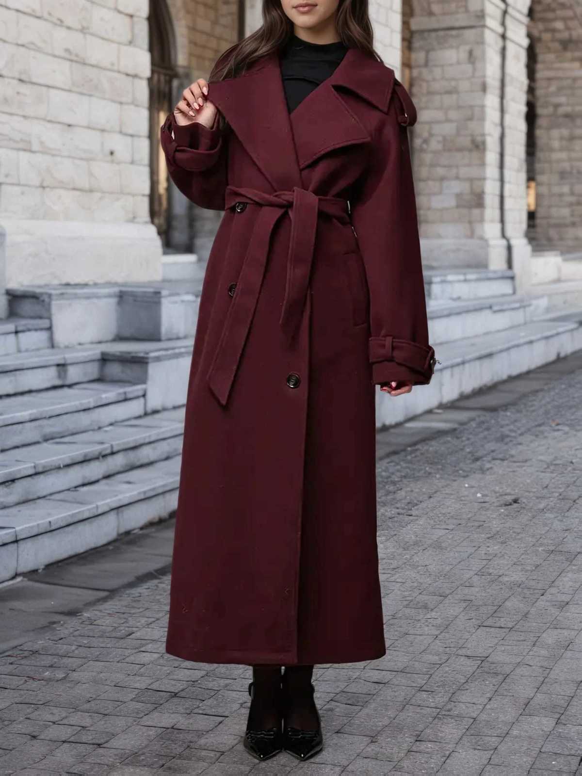 Autumn and winter womens double breasted turtleneck wool trench coat with belt decoration suitable for daily commutingT251216