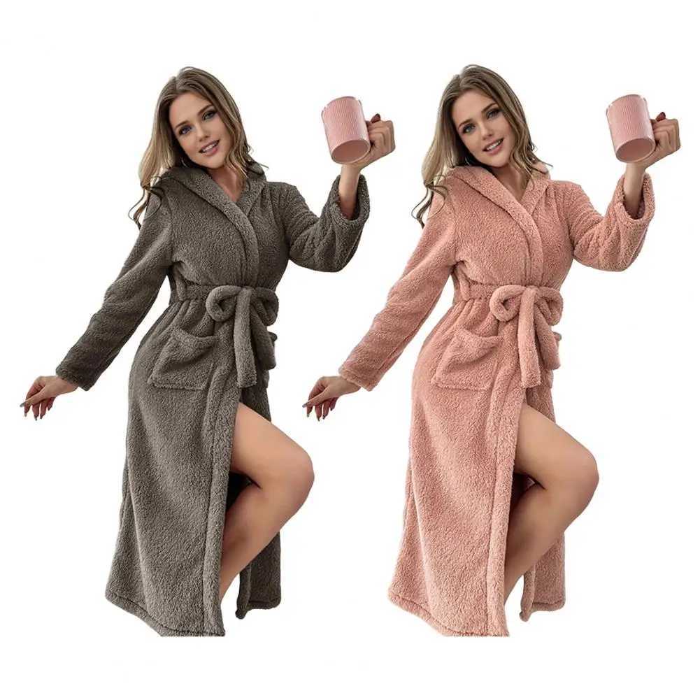 Gray Pink Coral Fleece Winter Sleepwear Womens Home Clothes Hooded Casual Bathrobe with Pockets And Waist Belt Warmth And Comfo C251216