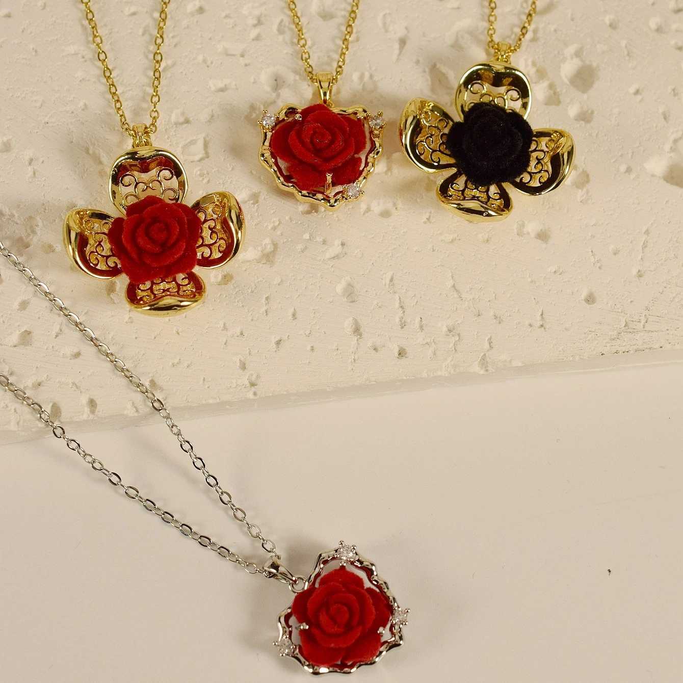 14k Gold Plated Flocking Rose DIY Pendant Accessories Flower and Heart Necklace M251216