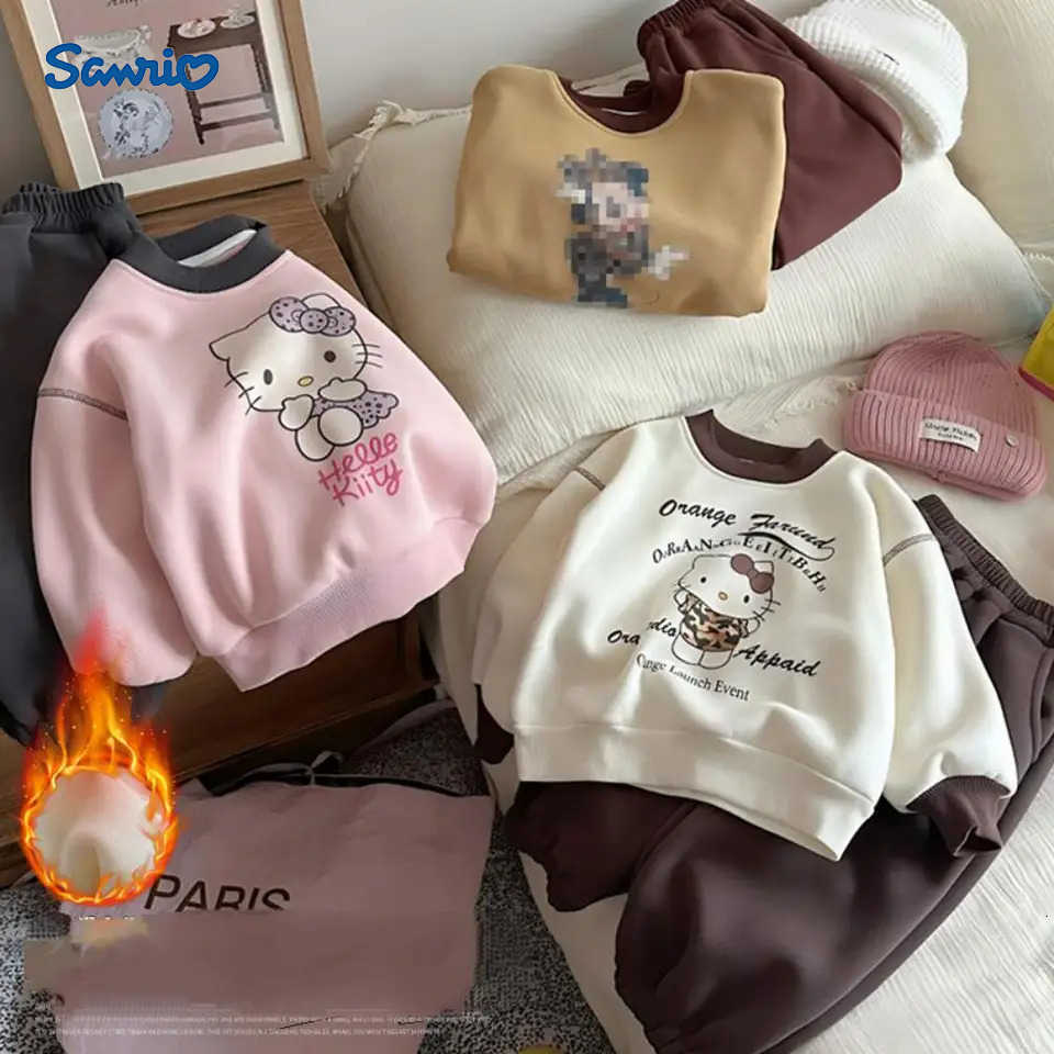 Sanrio Hello Kitty Childrens Clothing Cute Girls Hoodies and Sweatpants Two-Piece Set Fleece-Lined Winter Outdoor Versatile H251216