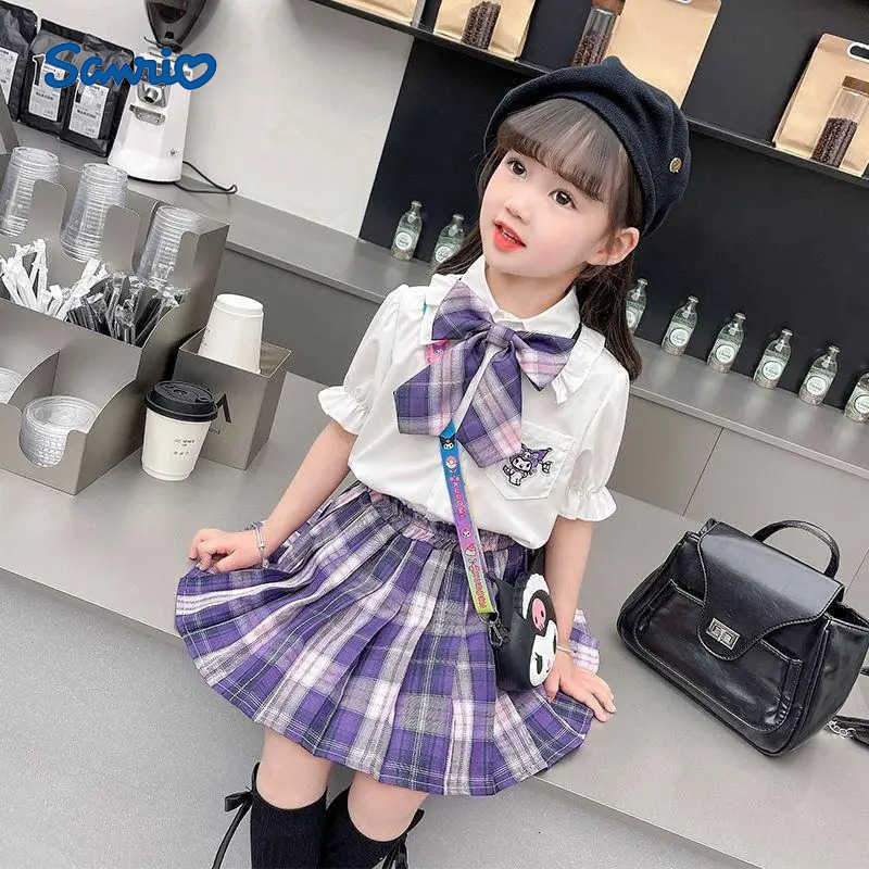 Sanrio Sanrios Kuromi Short Sleeve 2Pcs Summer College Puff Sleeve Uniform New Style Girl Three-Dimensional Bow Sweet Versatile Skirt H251216