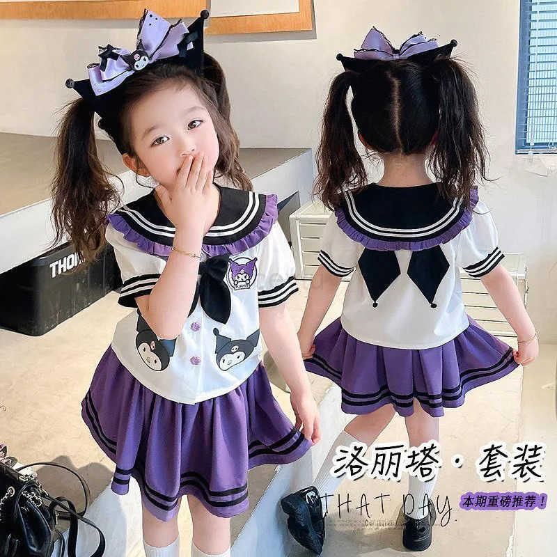Sanrio Kuromi Skirt Suit Summer Teen Girls Children Short-Sleeved Cartoon T-shirt TopsPlaid Pleated Skirt 2Pcs Set Preppy Dress H251216
