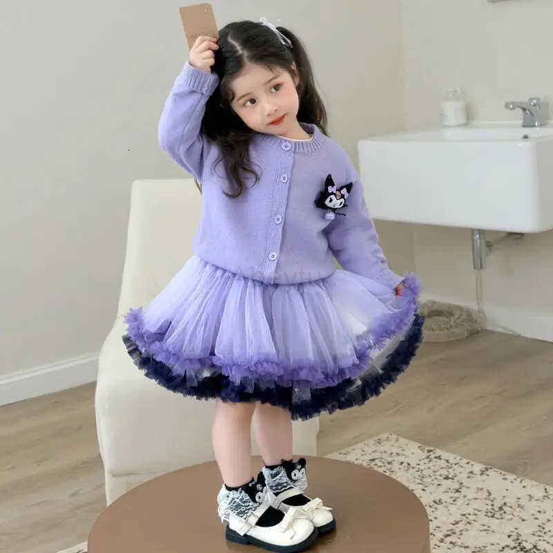 Sanrio Kuromi Girl Long Sleeves Sweater Suit Spring Autumn New Coat Two Piece Skirt Set Kawaii Childrens Clothing Cartoon H251216