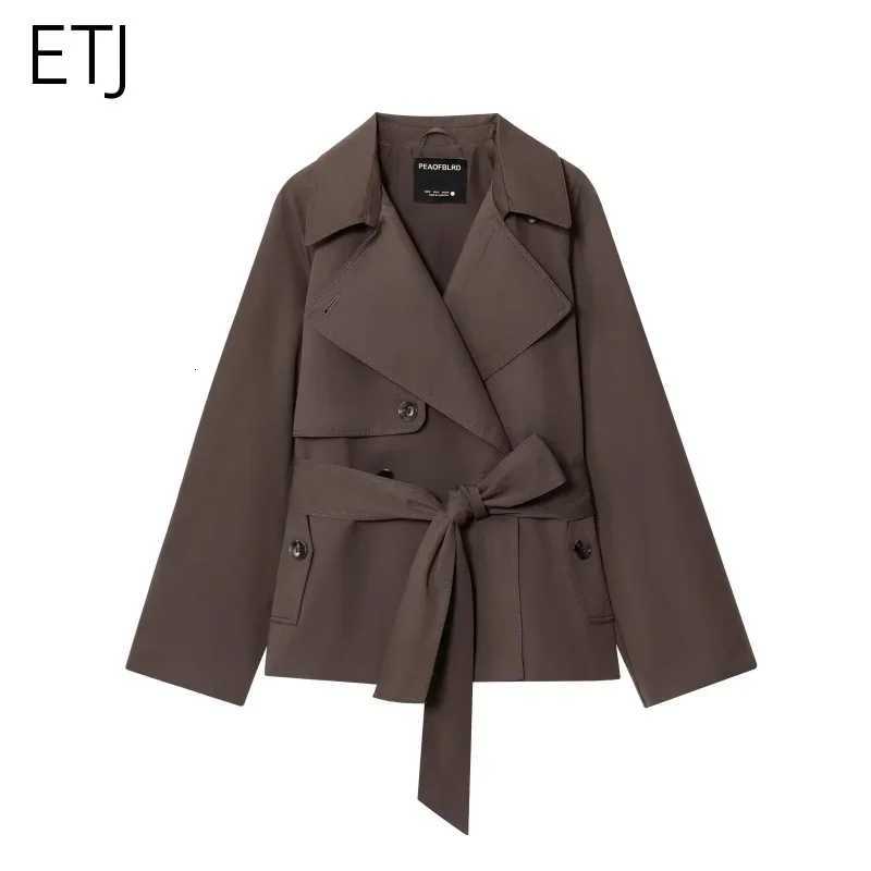 ETJ Autumn 2025 new collection womens British style lapel double-breasted Maillard color belt casual trench coatT251216