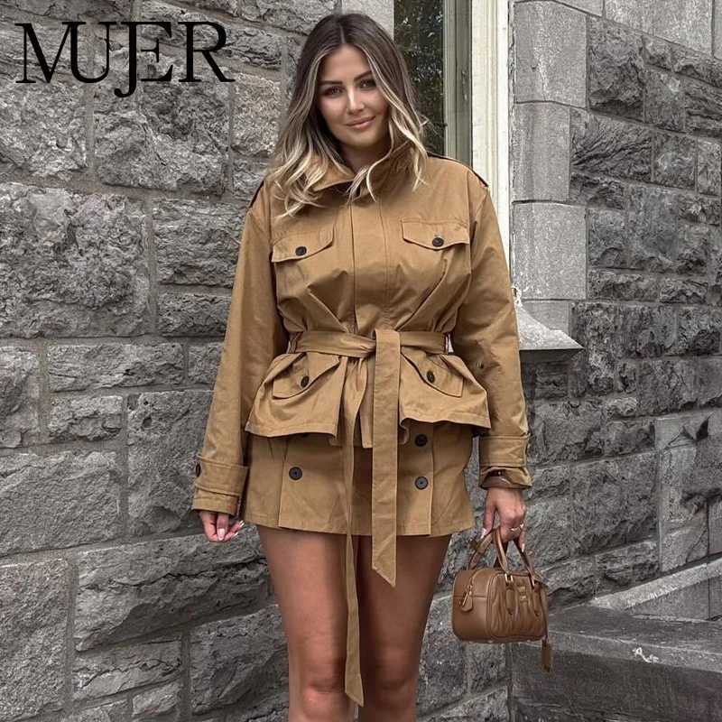 MUJER Short Trench Coat for Women Belt Oversized Womens Windbreaker Bomber Demi-season Jacket for Women Coats New in OuterwearsT251216