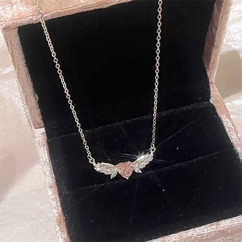 Crystal Angel Wings Pink Heart Pendant Necklaces Y2K Girl Women Heart Clavicle Chain Choker Fashion Jewelry Gifts M251216