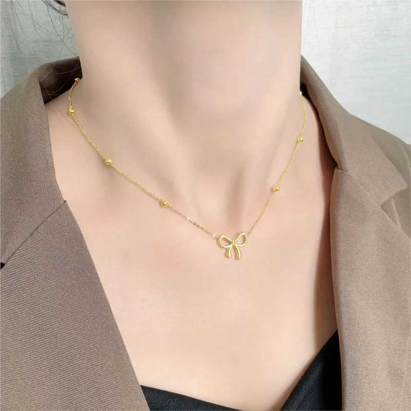 ANENJERY L316 Stainless Steel Beads Chain Hollow Bowknot Pendant Necklace for Women Niche Simple Jewery Accessory M251216