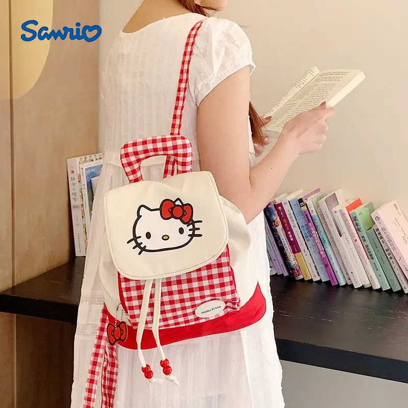 Sanrio Cute cartoon character Hello Kitty red plaid backpack Mini backpack Kawaii daily versatile shopping bag Wholesale Holiday gift H251216