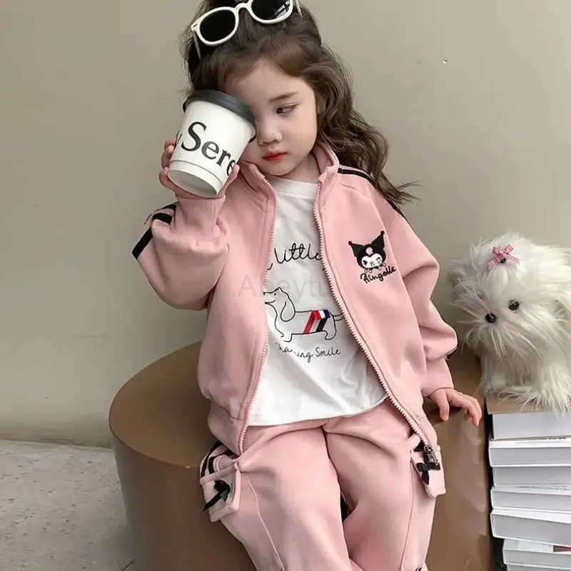 Sanrio Anime Cartoon Kawaii Girls Sweatshirt Suit Kuromi Spring and Autumn New Long Sleeve Trousers Solid Color Casual Cardigan H251216