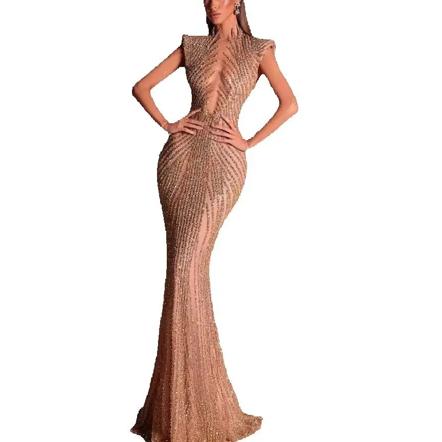Vintage High Neck Sleeveless Evening Dresses Shiny Sequined Lace Mermaid Prom Dress Customized Floor Length Party Gown