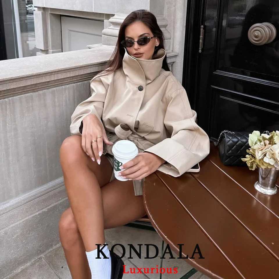 KONDALA Office Lady Chic Khaki Trench Jackets Women Long Sleeve Single Buttons Loose Coats Fashion 2025 Fall Stand Collar JacketT251216