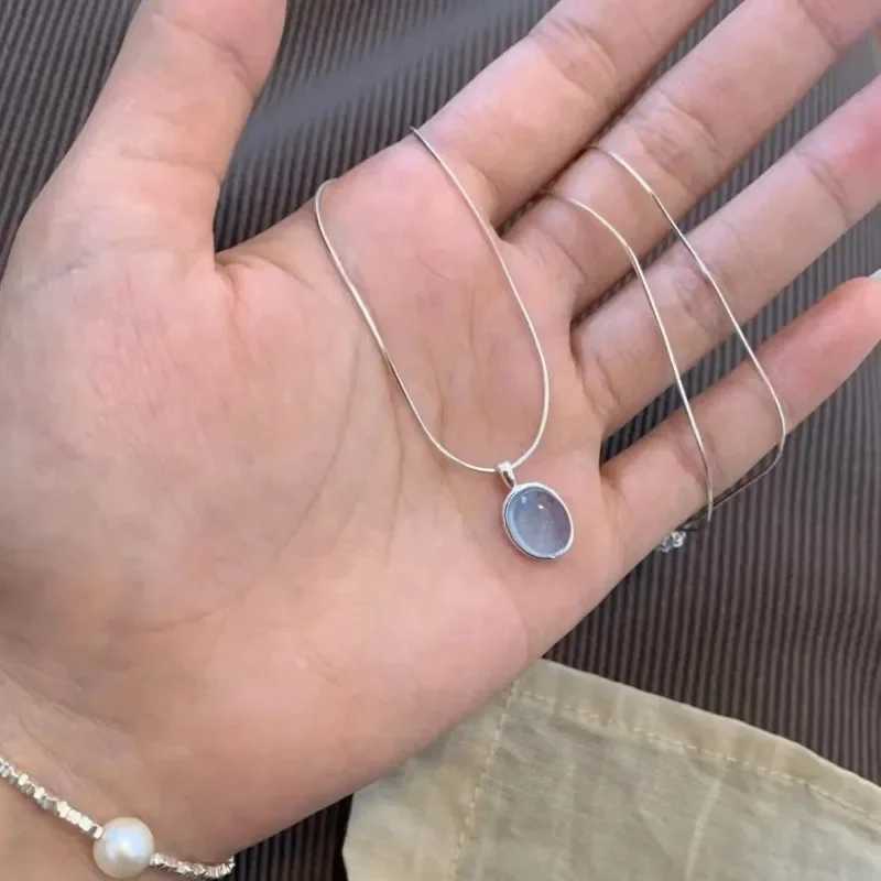 Simple Oval Aquamarine Moonstone Pendant Necklace for Women Girls Luxury Snake Chain Necklace Fashion Collar Jewelry Gifts M251216
