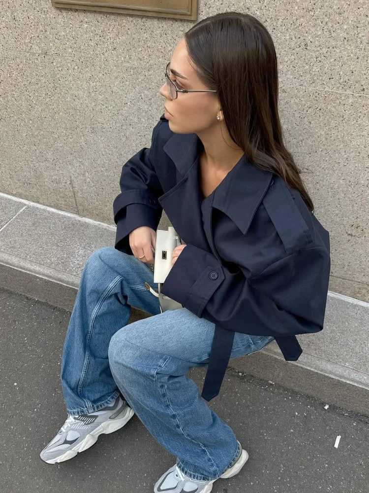Cropped Lace-up Blue Casual Trench Coat Women Lapel Long Sleeve Wide Shoulder Windbreaker Jacket Fall Commute Daily StreetwearT251216