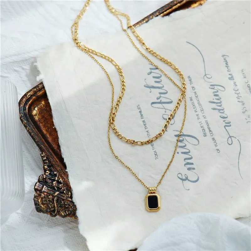 18K Gold Plated Necklace Stainless Steel Double Layers Black Square Pendant Necklace for Women M251216