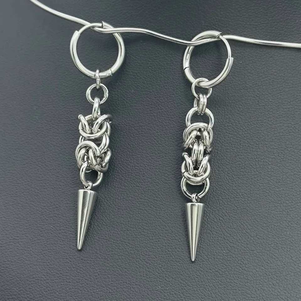 Handmade Stainless Steel Byzantine Chainmail Spike Hoop Earrings for Women Gothic Punk Grunge Piercing Barbell Dangle Earrings G251216