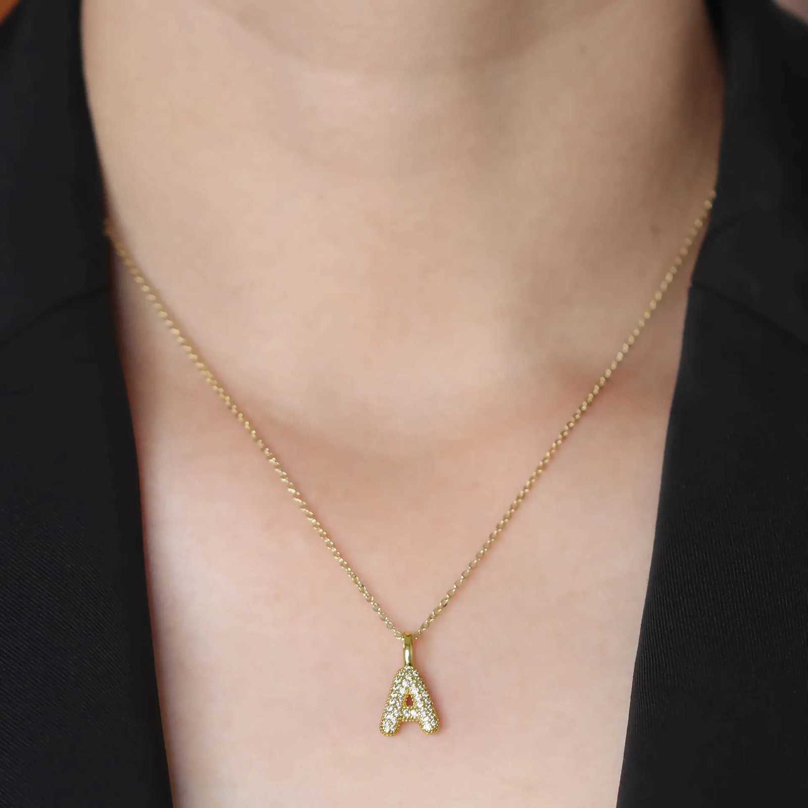 Stainless Steel Gold Plated 26 Letters Name Necklace Zircon Pendant Necklace M251216