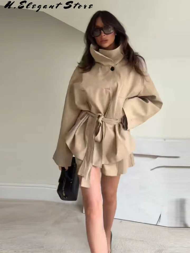 Vintage Khaki Solid Trench Jacket For Women Lapel Full Sleeve Casual Coat With Belt 2025 New Lady Autumn Winter StreetwearsT251216