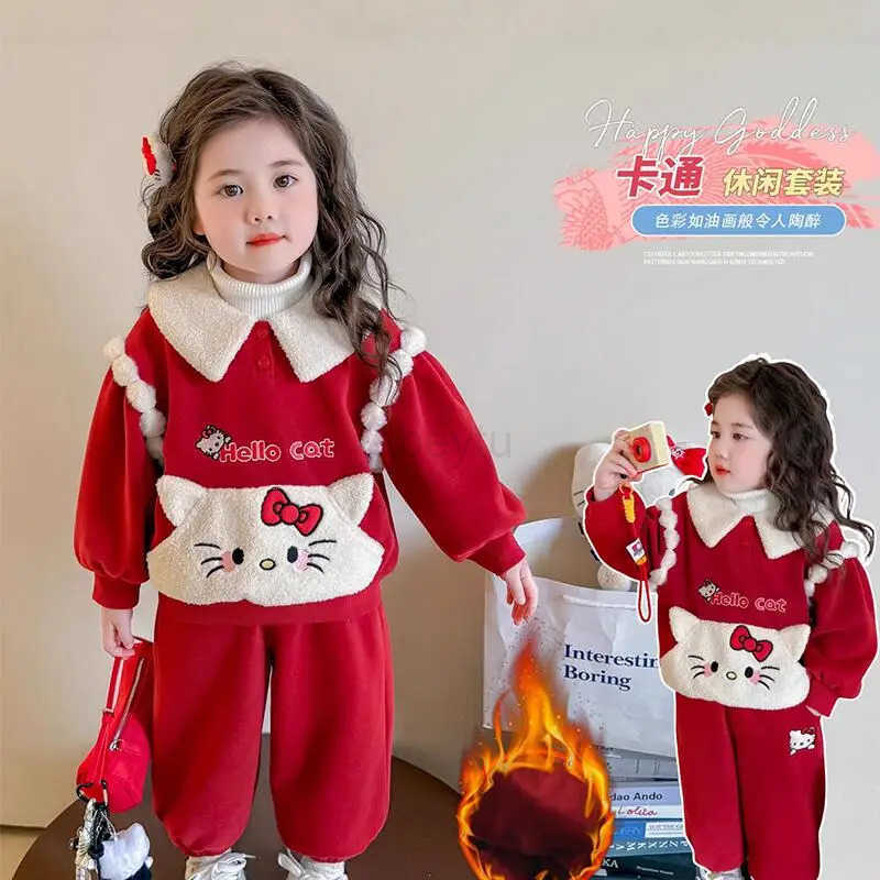 Sanrio Hello Kitty Hoodie Two-Piece Set Girl Autumn Winter Tops Pants Sportswear Child Kawaii Anime Cartoon New Casual Clothing H251216