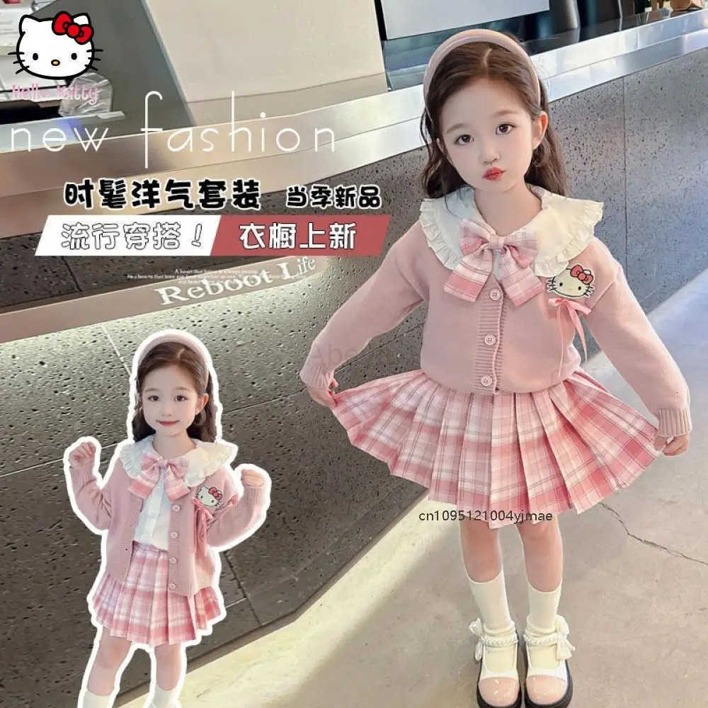 Sanrio 3Pcs Girls Jk Pleated Skirt Set Cardiganr Sweater Shirt Tie Uniform Hello Kitty Kuromi Sanrios Kids Fashion Autumn College Set H251216
